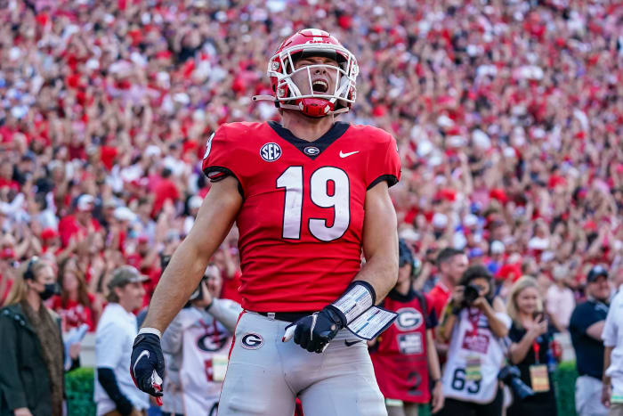 Oct 16, 2021; Athens, Georgia, USA; Georgia Bulldogs tight end Brock Bowers (19) reacts after scoring a touchdown against the Kentucky Wildcats during the second half at Sanford Stadium. Mandatory Credit: Dale Zanine-USA TODAY Sports